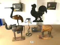 WOOD AND METAL ANIMAL SCULPTURES; LARGEST 47CM