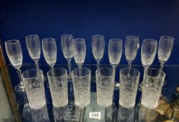 CUT GLASS - SIX HIGH BALL AND TEN CHAMPAGNE GLASSES