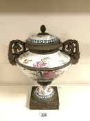 LARGE PORCELAIN FLORAL URN WITH ORMOLU ACCENTS POSSIBLY SEVRES MARK TO BASE; 40CM
