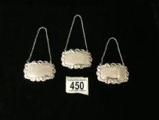 A SET OF THREE STERLING SILVER SPIRIT / WINE LABELS BY HAMPTON UTILITIES; BIRMINGHAM 1989; WITH