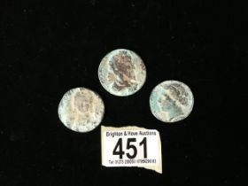 THREE ANCIENT COINS, POSSIBLY ROMAN, POSSIBLY BRONZE WITH GREEN PATINA