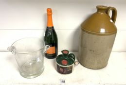 CLEAR GLASS ICE BUCKET, MAGNUM PROSECCO, GLENFIDDICH WHISKY AND LARGE STONEWARE BOTTLE