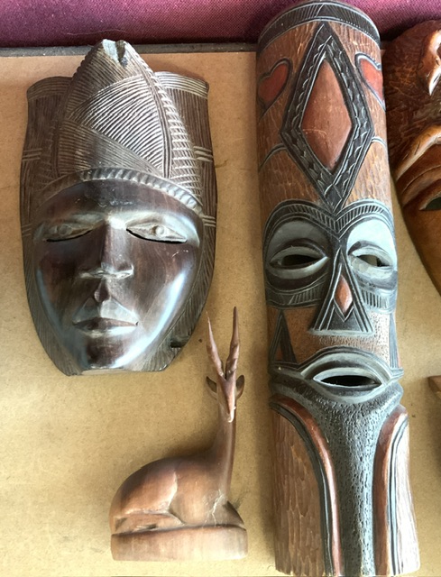 FIVE AFRICAN WOODEN MASKS INCLUDES MOTHER OF PEARL INLAY - Image 3 of 4