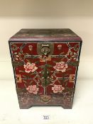 VINTAGE JAPANESE JEWELLERY CABINET DECORATED WITH HAND PAINTED FLOWERS; 37 X 28CM