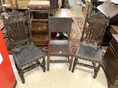 THREE 19TH CENTURY CHAIRS SEATS AND BACKS DECORATED IN LEATHER AND BRASS MOUNTS; TWO HAVE LABELS