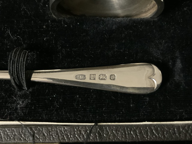 A CASED STERLING SILVER CHRISTENING SET; NAPKIN RING AND EGG CUP BY ELKINGTON & CO; BIRMINGHAM 1948, - Image 6 of 9