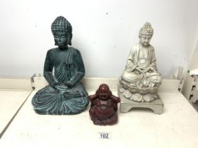 THREE SEATER RESIN BUDDHA'S; LARGEST 33CM