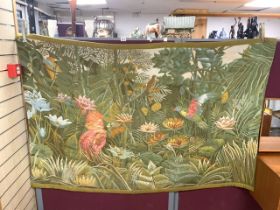 19TH CENTURY TAPESTRY WALL HANGING - DEPICTING A JUNGLE SCENE WITH EXOTIC BIRDS; 190 X 122CM