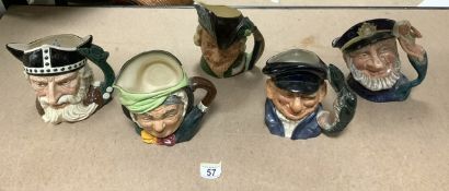 FIVE ROYAL DOULTON CHARACTER JUGS; 'LOBSTER MAN', 'OLD SALT', 'SAIREY GAMP', 'ROBIN HOOD' AND '