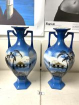 PAIR OF EARLY 20TH CENTURY VASES BLUE WITH AN EASTERN THEME HAND PAINTED 36CM