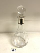 A STERLING SILVER AND GLASS DECANTER BY R. COMYNS; SHEFFIELD 2005; WITH GLOBULAR STOPPER; HEIGHT