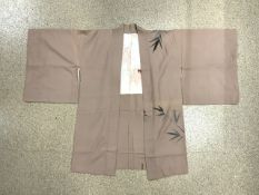 JAPANESE SILK SALMON COLOURED AND BAMBOO LEAVES DECORATED KIMONO