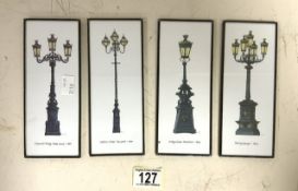 FOUR GLAZED PRINTS OF STREET LAMPS; 19 X 8CM