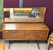 MID CENTURY TEAK DRESSING TABLE WITH FOUR DRAWERS AND MIRROR; 125 X 43CM