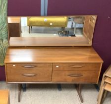 MID CENTURY TEAK DRESSING TABLE WITH FOUR DRAWERS AND MIRROR; 125 X 43CM