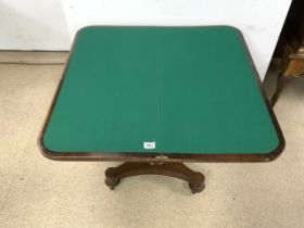 VICTORIAN ROSEWOOD FOLDING CARD TABLE ON ORIGINAL CASTERS AND GREEN BAIZE