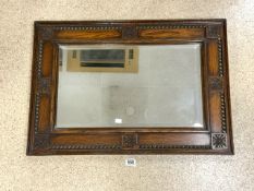 EDWARDIAN ENGLISH OAK WALL MIRROR BEVELLED EDGED; 83 X 57CM