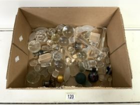 MIXED LOT OF GLASS DECANTER STOPPERS, SOME SILVER, GLASS SWEETS AND MORE