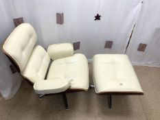 EAMES STYLE CREAM LEATHER ARMCHAIR WITH FOOT STOOL AND ROSEWOOD (TEAR TO THE LEATHER SEAT)