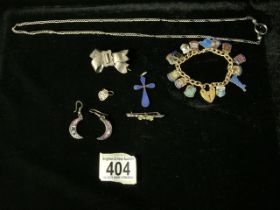 A GILT METAL CHARM BRACELET WITH SILVER AND ENAMEL COUNTY CHARMS AND OTHER ITEMS; AN ANTIQUE