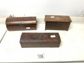 THREE SMALL ANTIQUE MINIATURE BOXES LARGEST; 23 X 8CM