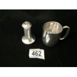 A VICTORIAN STERLING SILVER CHRISTENING MUG; MARKS RUBBED; ENGRAVED FOLIATE DECORATION; MONOGRAMMED;