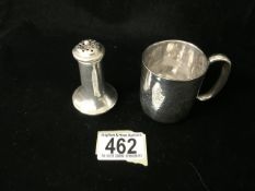 A VICTORIAN STERLING SILVER CHRISTENING MUG; MARKS RUBBED; ENGRAVED FOLIATE DECORATION; MONOGRAMMED;