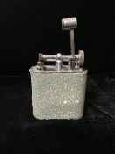 A VINTAGE BASE METAL AND SHAGREEN TABLE LIGHTER, RECTANGULAR FORM, BASE INCUSE STAMPED WITH PATENT