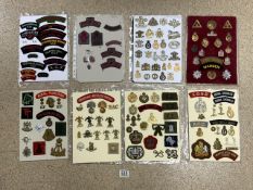 A QUANTITY OF MILITARY CAP BADGES, SHOULDER TITLES AND CLOTH BADGES, INCLUDING; ROYAL FUSILIERS,