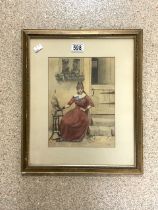 VICTORIAN WATERCOLOUR DRAWING - PORTRAIT OF A WELSH GIRL OUTSIDE OF A COTTAGE, INITIALLED F.P.G;