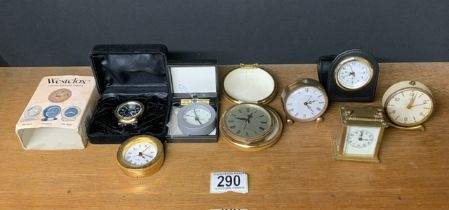 MIXED CLOCKS INCLUDES MINIATURE CARRIAGE, ORIS, EUROPA, WESTCLOCK AND MORE