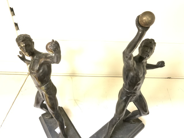 PAIR OF BRONZED SPELTER FIGURES OF MALE ATHLETES ON RECTANGULAR BASES; LARGEST 33CM - Image 4 of 4