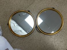 PAIR OF GILDED FAMED ROUND WALL MIRRORS; 38CM
