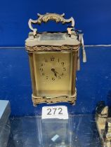 VINTAGE GILDED BRASS WITH GILDED FACE CARRIAGE CLOCK; 16CM