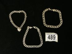 THREE STERLING SILVER BRACELETS, ONE WITH PADLOCK FASTENING; MAKERS MARK LC; STAMPED 925; THE