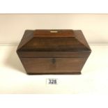 VICTORIAN ROSEWOOD SARCOPHAGUS SHAPED TEA CADDY, THE INTERIOR WITH TWO LIDDED COMPARTMENTS; 22CM