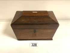 VICTORIAN ROSEWOOD SARCOPHAGUS SHAPED TEA CADDY, THE INTERIOR WITH TWO LIDDED COMPARTMENTS; 22CM