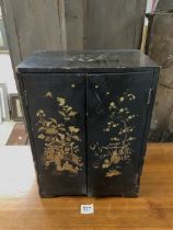 BLACK LACQUERED MULTI-DRAW CHINOISERIE JEWELLERY CABINET; 45 X 33CM