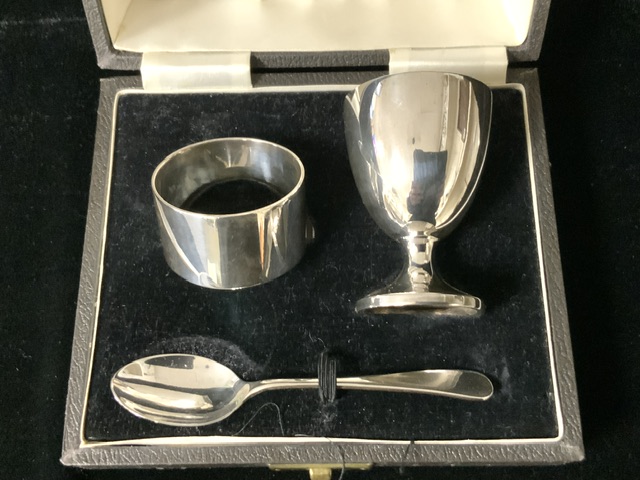 A CASED STERLING SILVER CHRISTENING SET; NAPKIN RING AND EGG CUP BY ELKINGTON & CO; BIRMINGHAM 1948, - Image 4 of 9