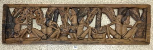 AFRICAN CARVED WOODEN PLAQUE 139 X 38CM