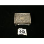 AN ANTIQUE STERLING SILVER MATCH BOX COVER BY W.H.SPARROW; BIRMINGHAM 1912; EMBOSSED SCROLL