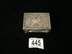 AN ANTIQUE STERLING SILVER MATCH BOX COVER BY W.H.SPARROW; BIRMINGHAM 1912; EMBOSSED SCROLL