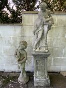 CONCRETE FIGURE ON A PLINTH; 144CM; WITH A CONCETE FIGURE OF A BOY HOLDING A FISH WATER FEATURE;
