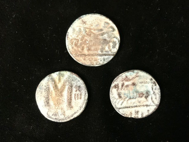 THREE ANCIENT COINS, POSSIBLY ROMAN, POSSIBLY BRONZE WITH GREEN PATINA - Image 2 of 2