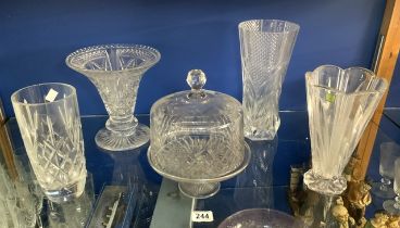 MIXED CLEAR CUT GLASS PIECES INCLUDES MARQUIS BY WATERFORD CRYSTAL VASE; 24.5CM, CAKE STAND AND