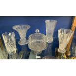 MIXED CLEAR CUT GLASS PIECES INCLUDES MARQUIS BY WATERFORD CRYSTAL VASE; 24.5CM, CAKE STAND AND