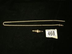 A 9 CARAT GOLD ROPETWIST CHAIN NECKLACE; 4.1 GRAMS AND A 9 CARAT GOLD BAR BROOCH; OPENWORK SCROLLS