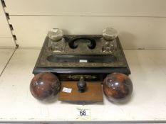 ANTIQUE 19TH CENTURY DESK STANDISH / INKSTAND EBONISED AND BRASS WITH ORIGINAL GLASS INKWELLS