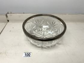 HALLMARKED SILVER RIMMED CUT GLASS BOWL BY JOHN GRINSELL AND SONS 21CM DIAMETER