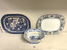 WILLOW PATTERN MEAT PLATE, WEDGWOOD BALITMORE ETRURIA MEAT PLATE AND VICTORIAN BLUE AND WHITE